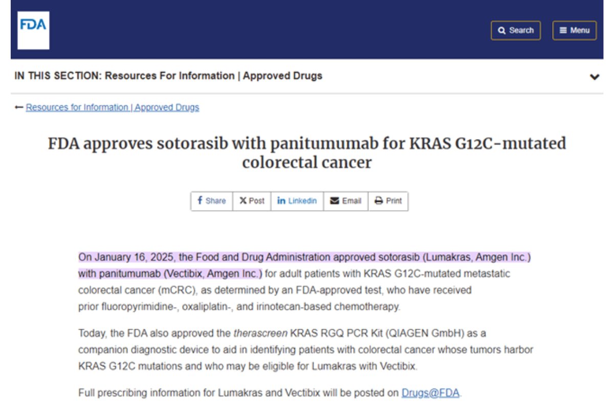 Thông báo từ FDA về việc phê duyệt liệu pháp kết hợp sotorasib (Lumakras) và panitumumab (Vectibix) điều trị ung thư đại trực tràng mang đột biến KRAS G12C