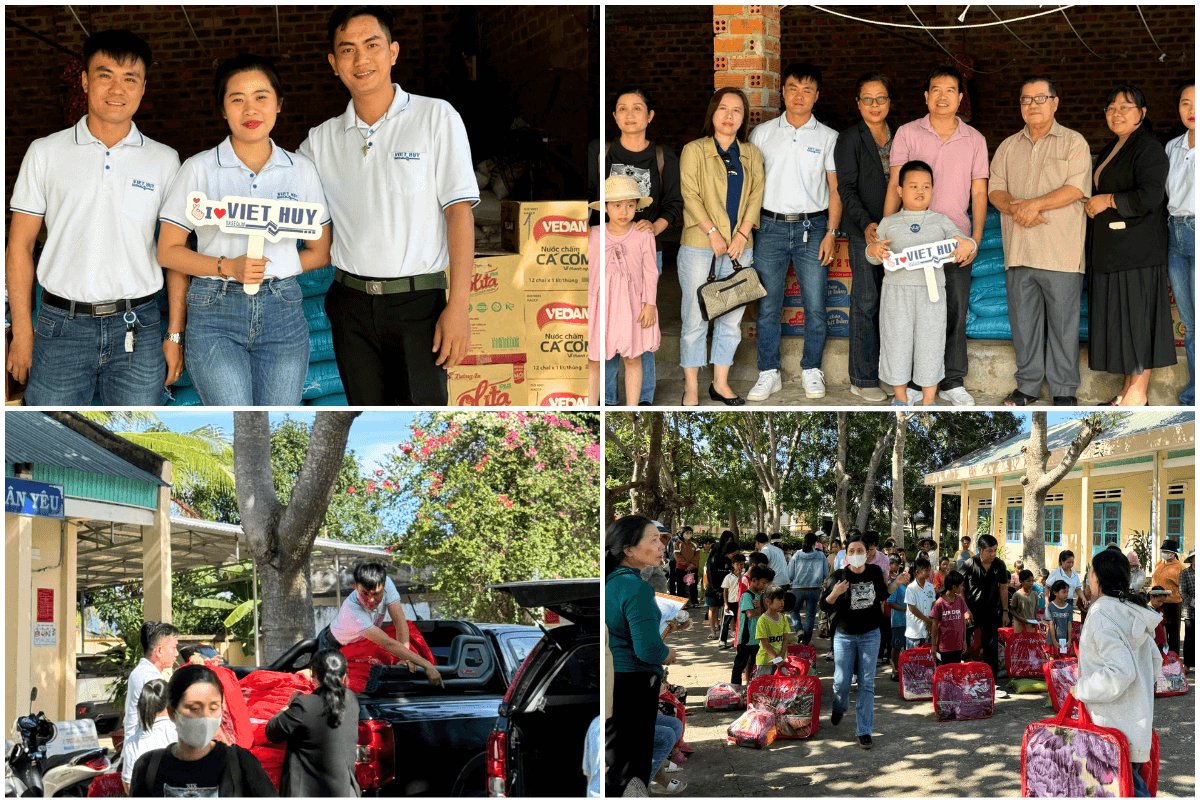 The Bac Ha Group volunteers and Viet Huy pose for a souvenir photo with local residents in Ninh Thuan
